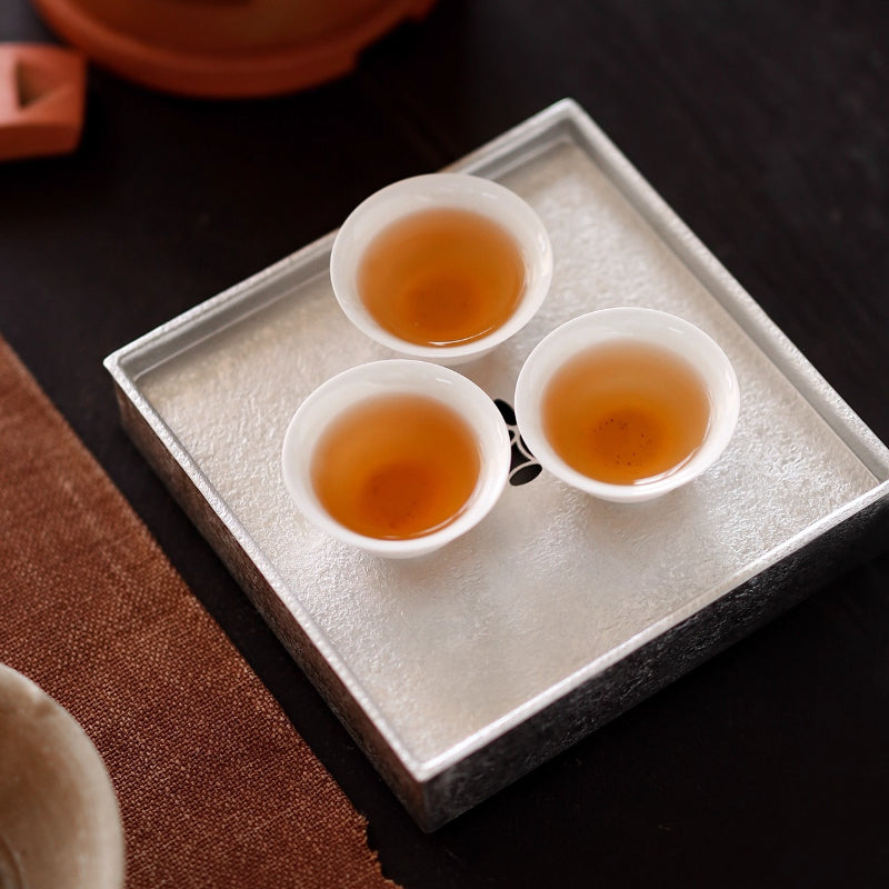 Handgefertigtes Zinn-Teeboot Quadratisch – Doppellagig für Gongfu-Tee 14,5x14,5 cm