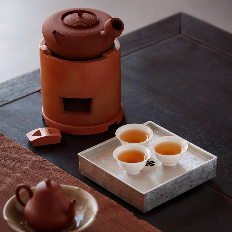 Handgefertigtes Zinn-Teeboot Quadratisch – Doppellagig für Gongfu-Tee 14,5x14,5 cm