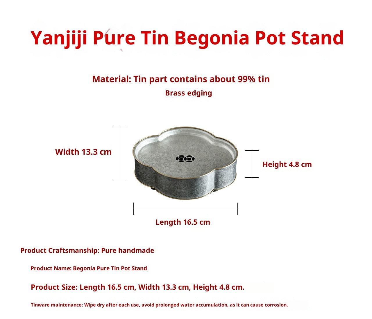 Begonienform Zinn-Teeboot – Handgefertigt, doppellagig, 13,3x16,5x4,8 cm