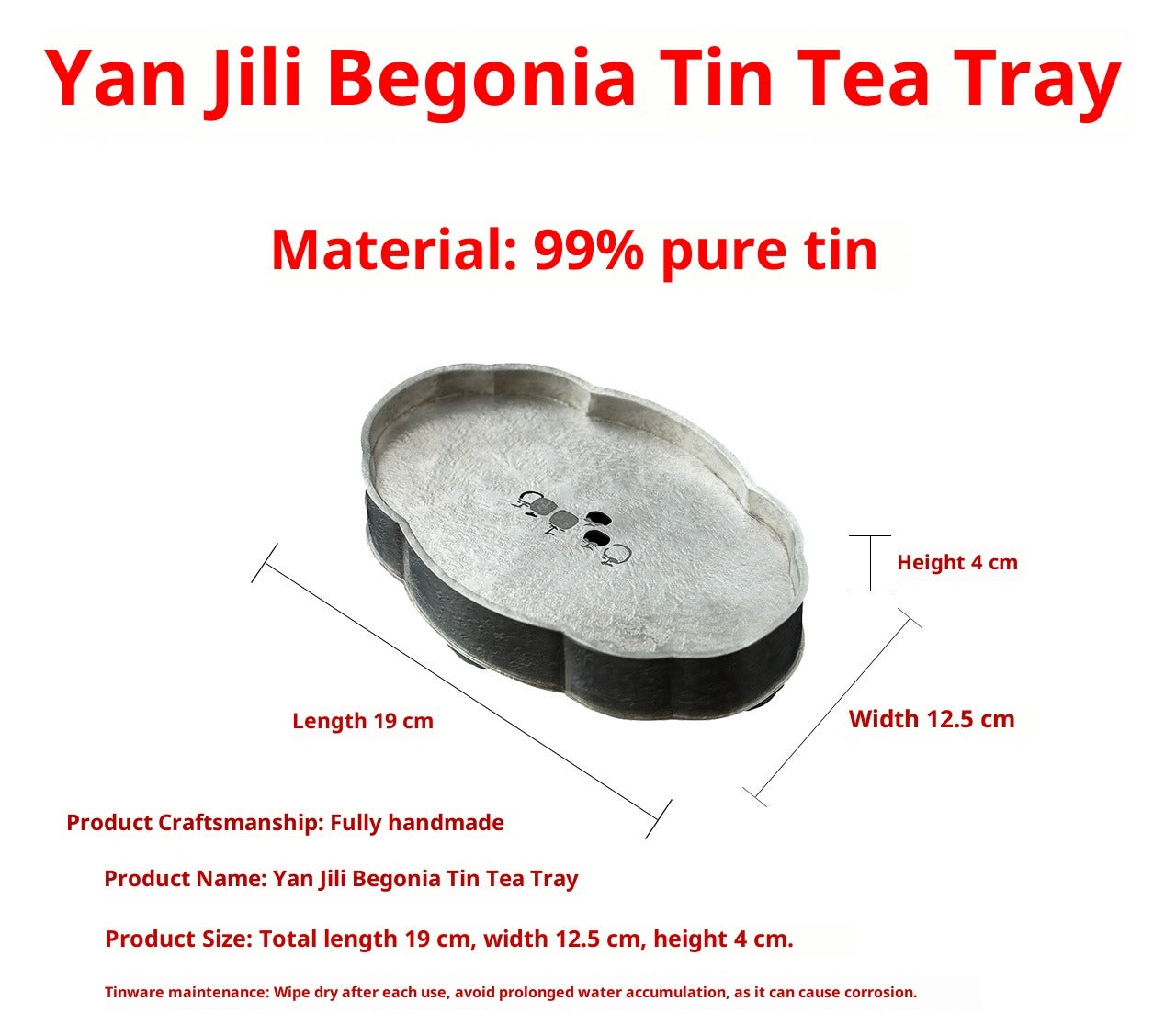 Begonienform Zinn-Teeboot – Handgefertigt, doppellagig, 19x12,5 x4 cm